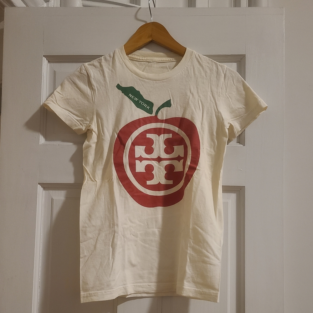 Tory Burch White Short Sleeve Tee Shirt with Red Apple Logo